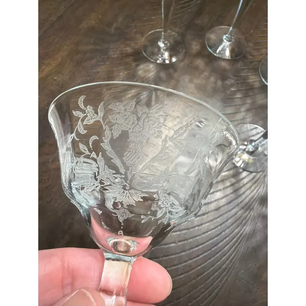 Vintage Etched Champagne Coupe Glasses Set of 7 Floral Wheat Stemware 5.75